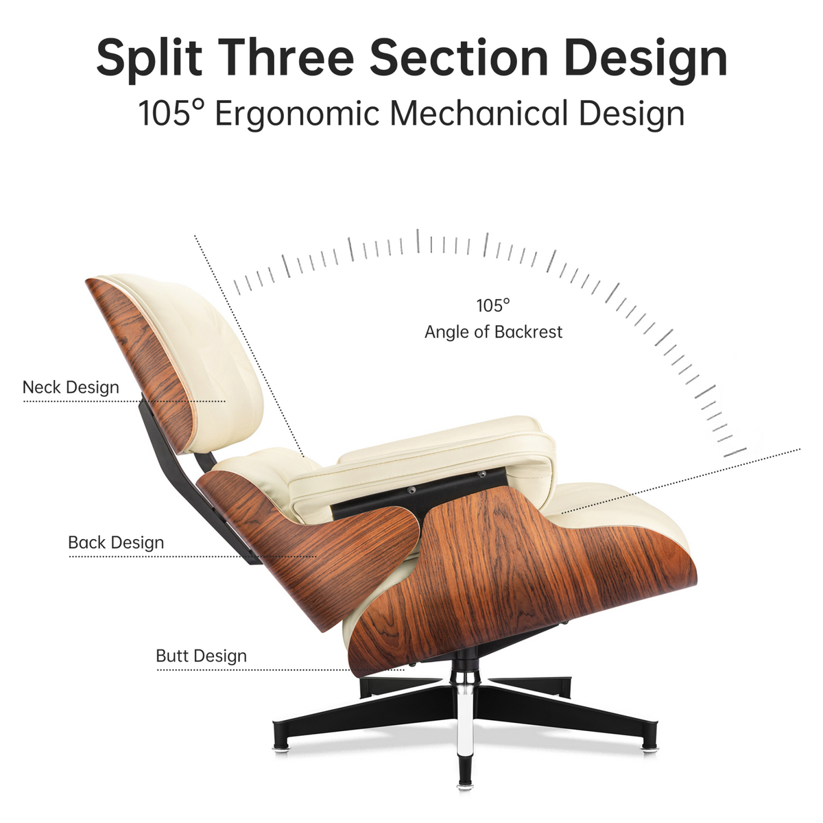 Classic Genuine Leather Lounge Chair with Ottoman – Palisander Wood & Beige