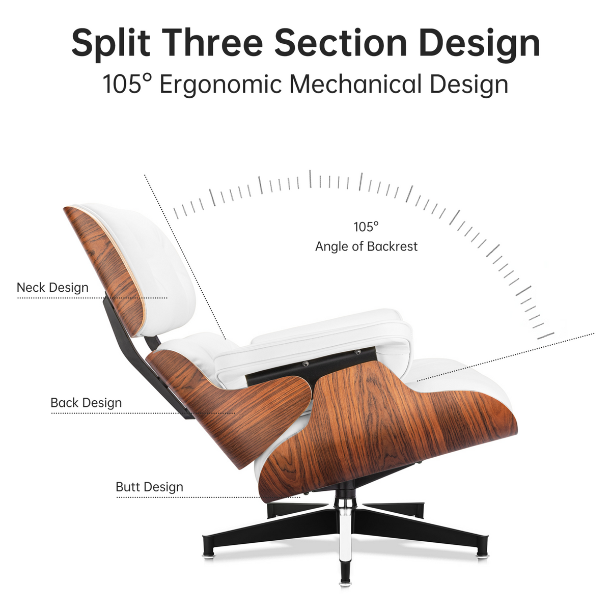 Classic Genuine Leather Lounge Chair with Ottoman – Palisander Wood & White