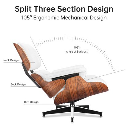Classic Genuine Leather Lounge Chair with Ottoman – Palisander Wood & White