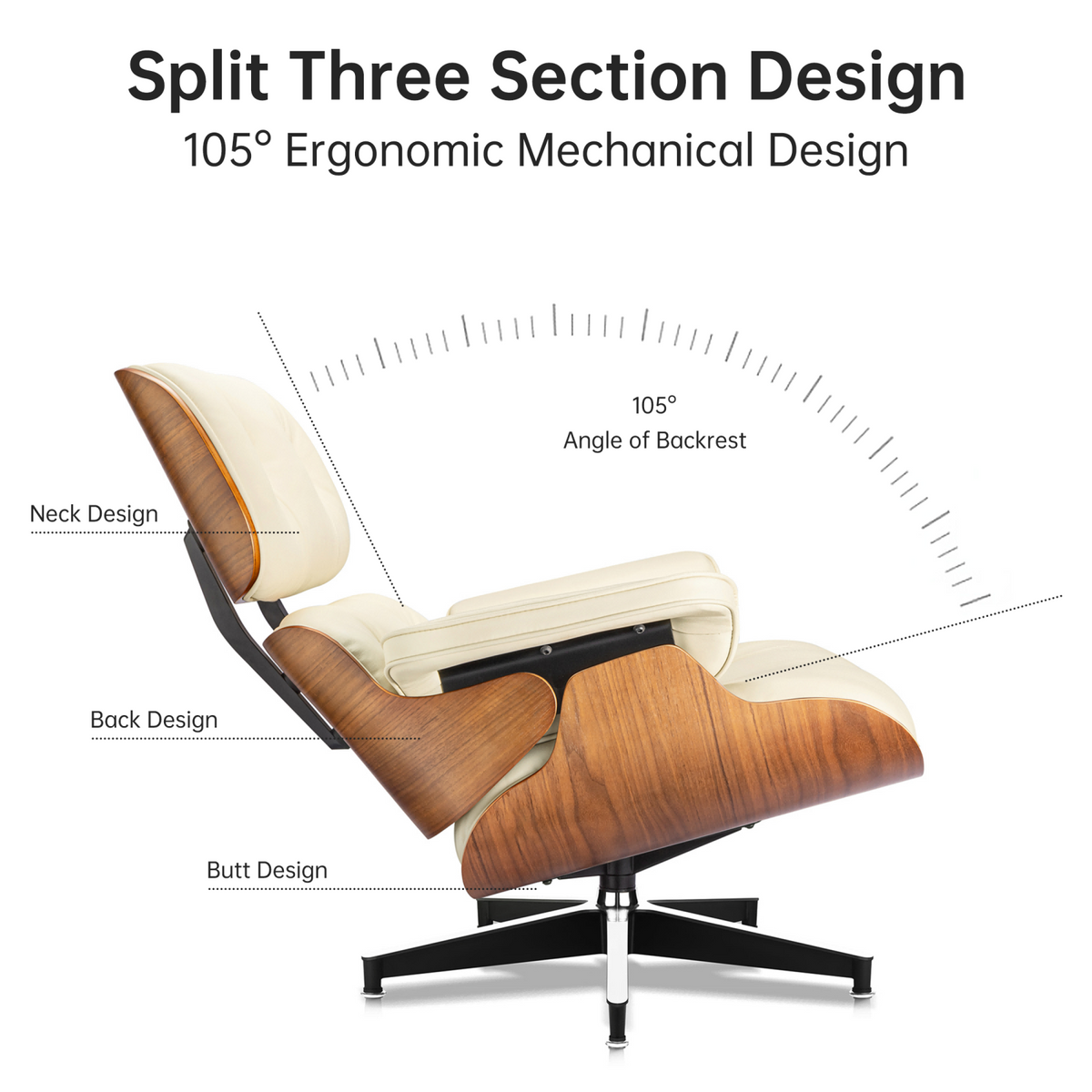 Classic Genuine Leather Lounge Chair with Ottoman – Walnut Wood & Beige