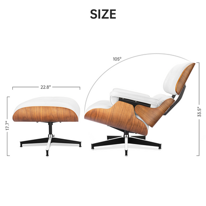 Classic Genuine Leather Lounge Chair with Ottoman – Walnut Wood & White