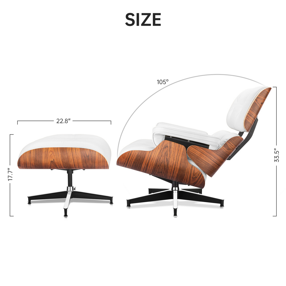Classic Genuine Leather Lounge Chair with Ottoman – Palisander Wood & White