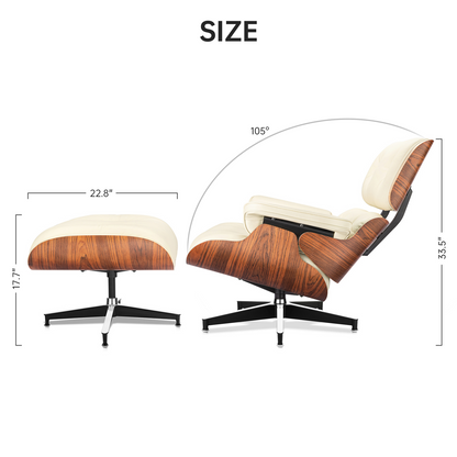 Classic Genuine Leather Lounge Chair with Ottoman – Palisander Wood & Beige