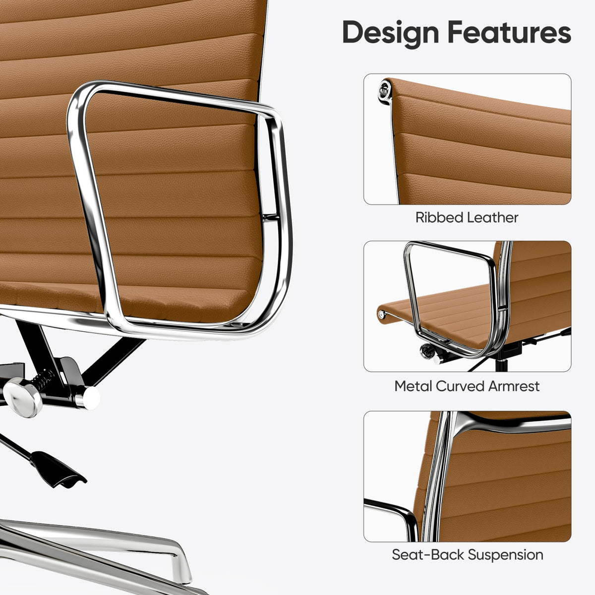 Armrests Ribbed Office Chair Light Brown Genuine Leather Office Chair