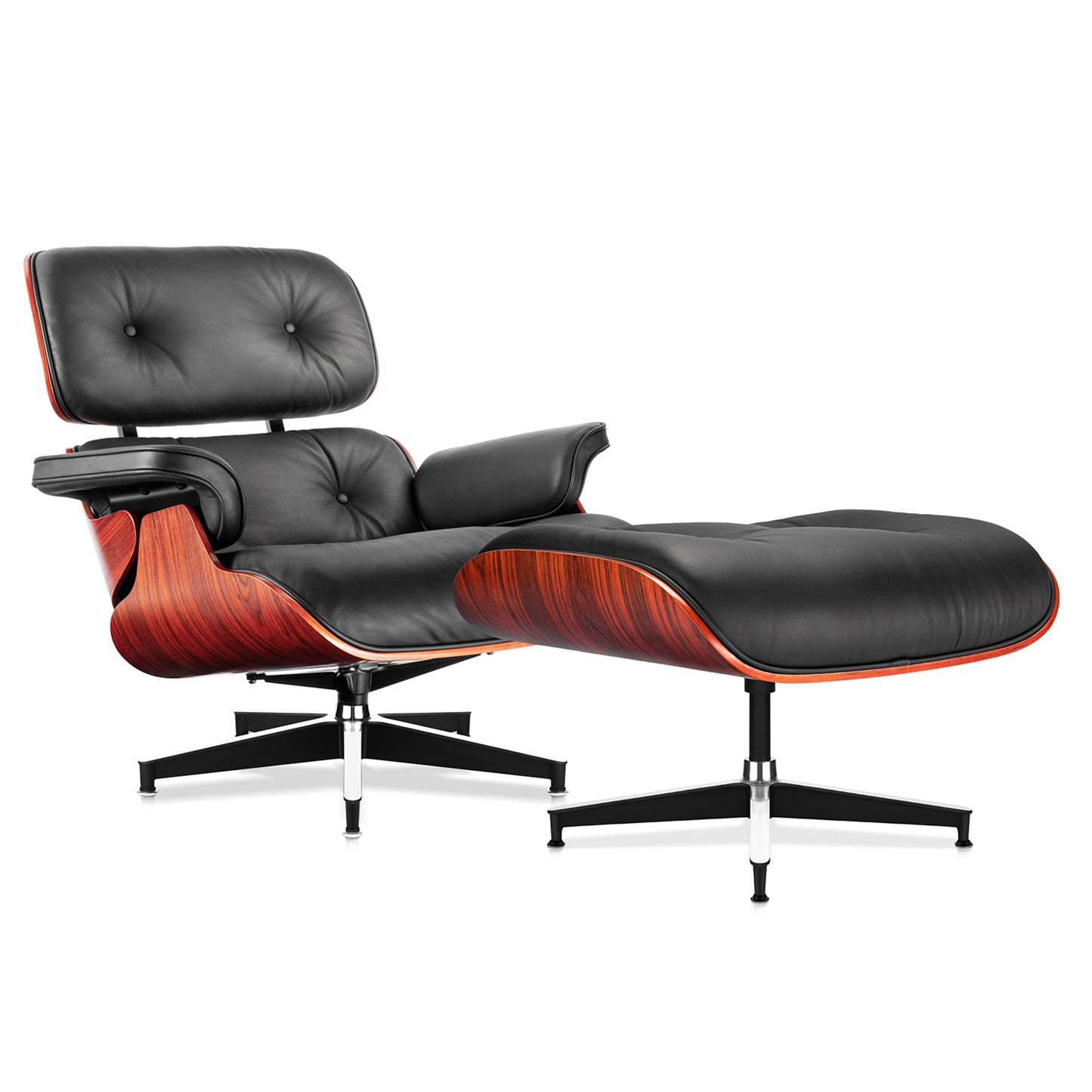 Mid-Century Black Genuine Leather Eames Lounge Chair & Ottoman—Red Palisander Wood