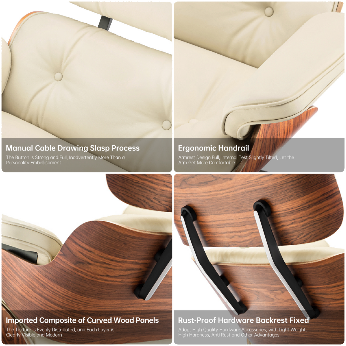 Classic Genuine Leather Lounge Chair with Ottoman – Palisander Wood & Beige