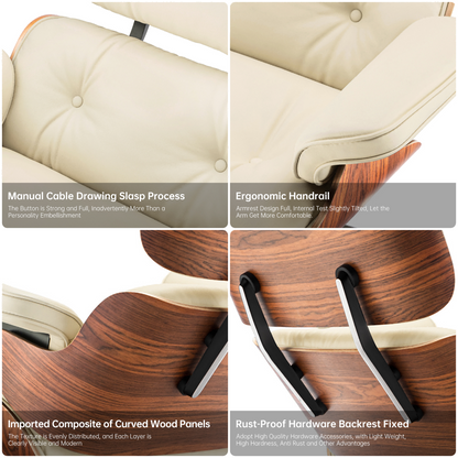Classic Genuine Leather Lounge Chair with Ottoman – Palisander Wood & Beige
