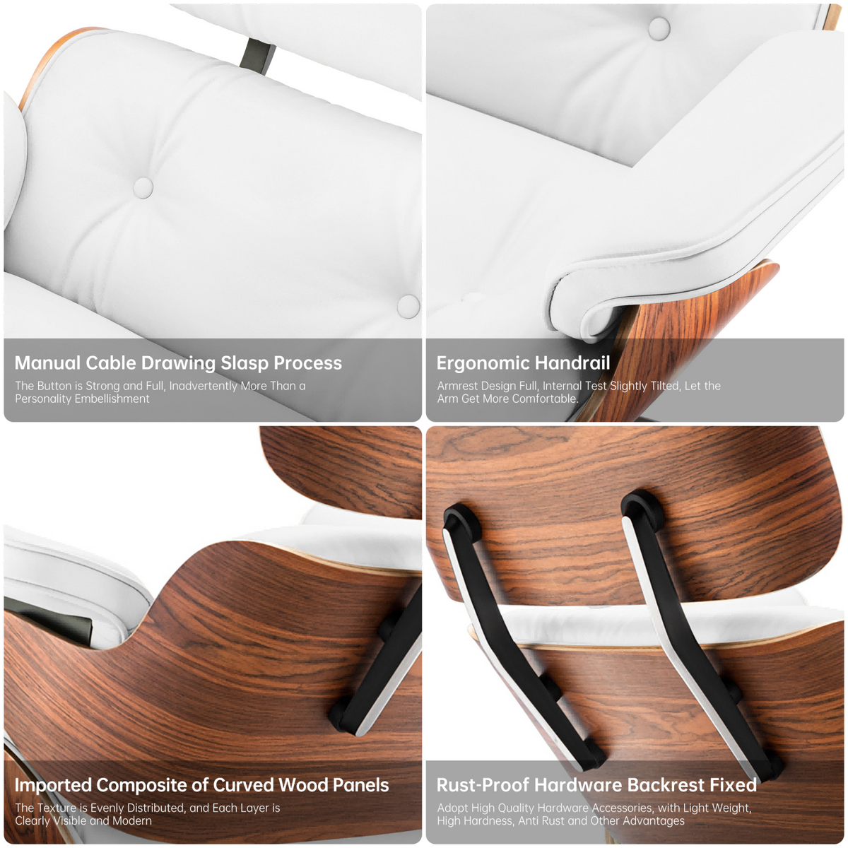 Classic Genuine Leather Lounge Chair with Ottoman – Palisander Wood & White