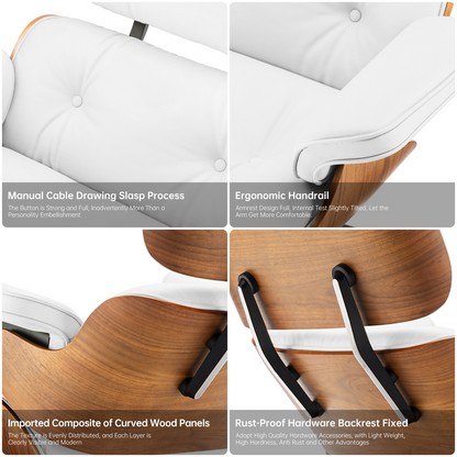 Classic Genuine Leather Lounge Chair with Ottoman – Walnut Wood & White