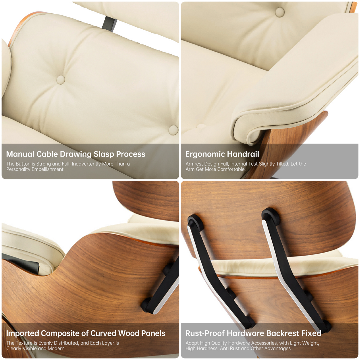 Classic Genuine Leather Lounge Chair with Ottoman – Walnut Wood & Beige