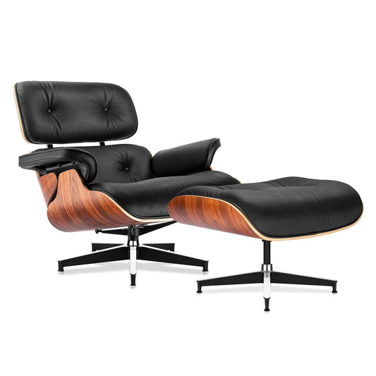 Mid Century Genuine Leather Recliner Lounge Chair with Ottoman - Palisander Wood & Black