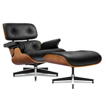 Mid Century Genuine Leather Recliner Lounge Chair with Ottoman - Walnut Wood & Black