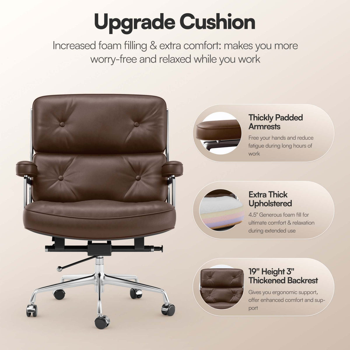 SAINCH mid-back genuine leather office chair with 360 degree swivel and adjustable seat height