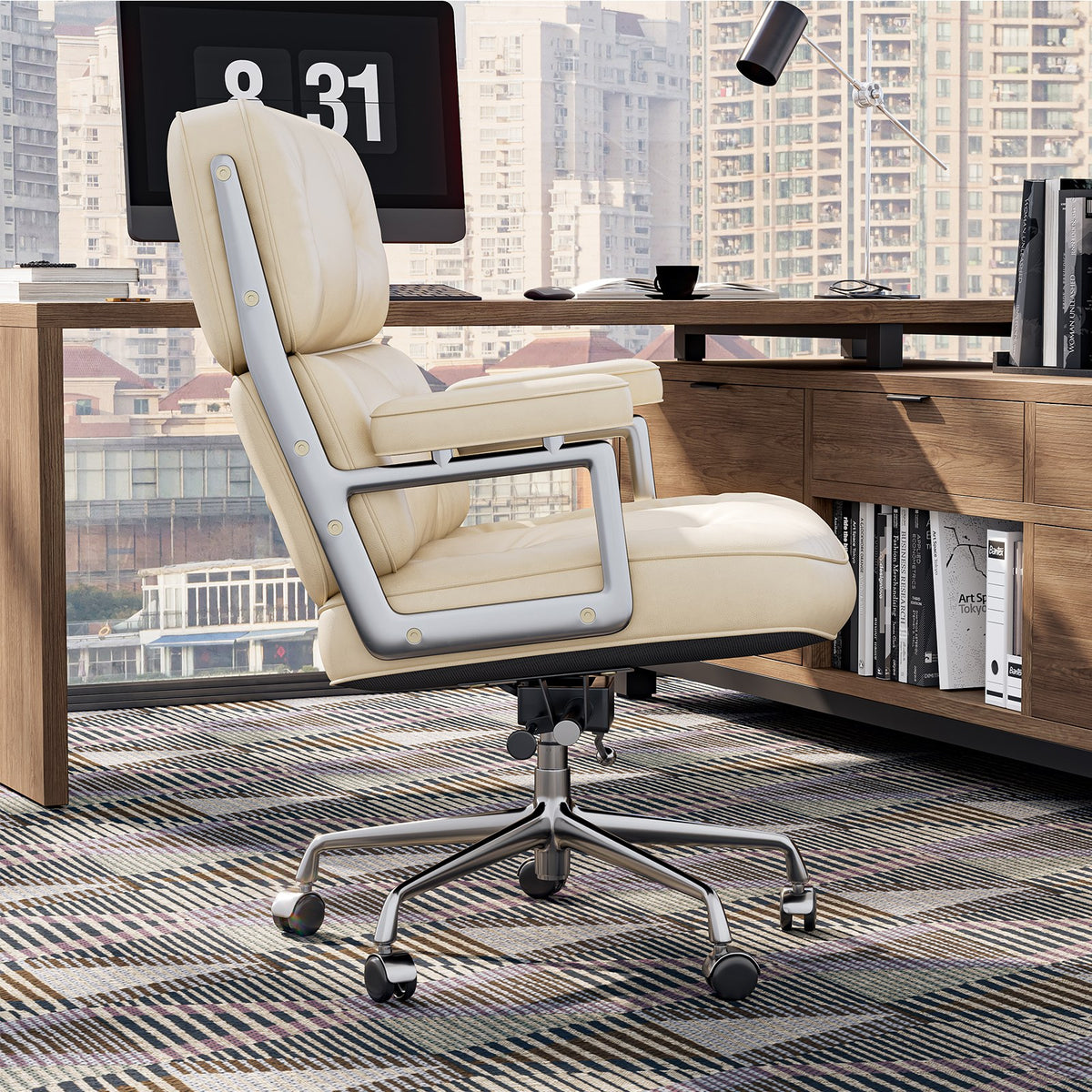 Genuine Leather Office Chair, Padded Mid Back Conference Desk Chair