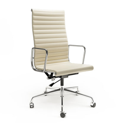 Armrests Ribbed Office Chair Beige Genuine Leather Office Chair