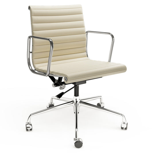 Armrests Ribbed Office Chair Beige Genuine Leather Office Chair