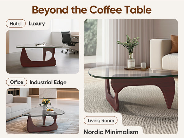 SAINCH Triangle glass coffee table styled in hotel, office and living room settings