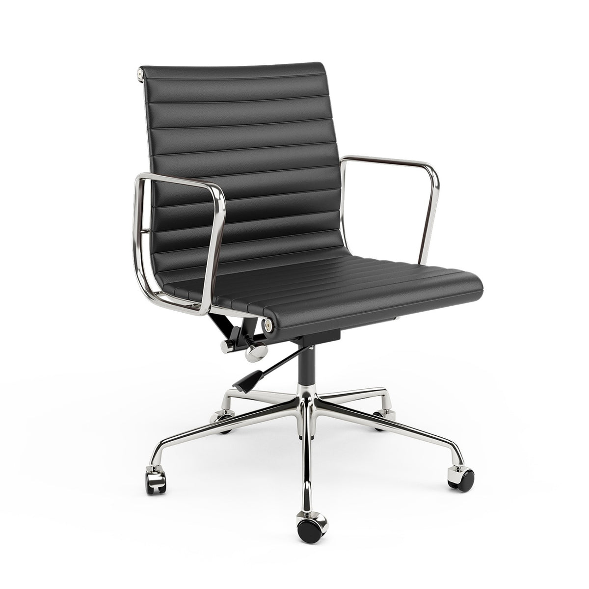 Armrests Ribbed Office Chair Black Genuine Leather Office Chair