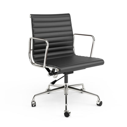 Armrests Ribbed Office Chair Black Genuine Leather Office Chair