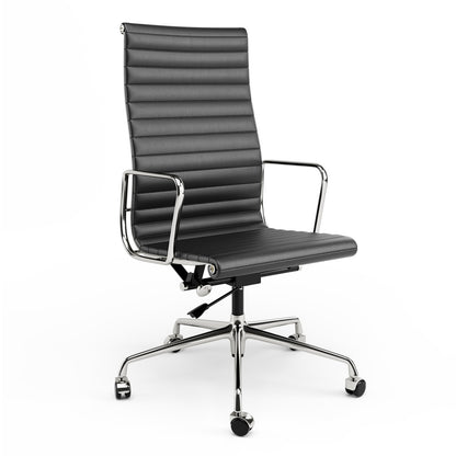 Armrests Ribbed Office Chair Black Genuine Leather Office Chair