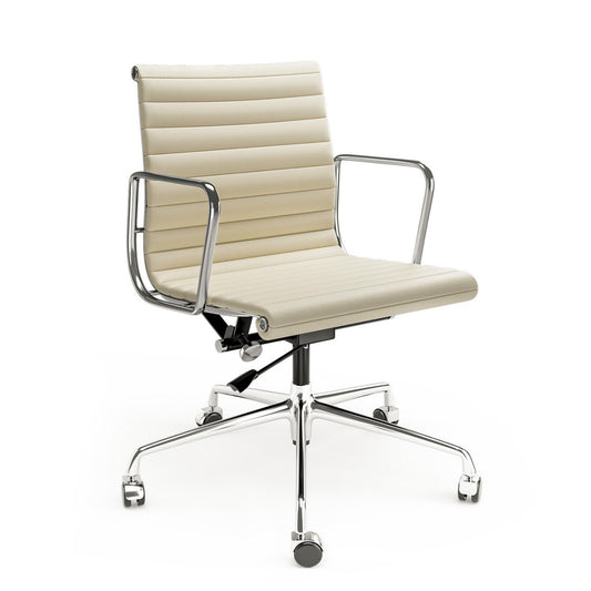 Armrests Ribbed Office Chair Beige Genuine Leather Office Chair