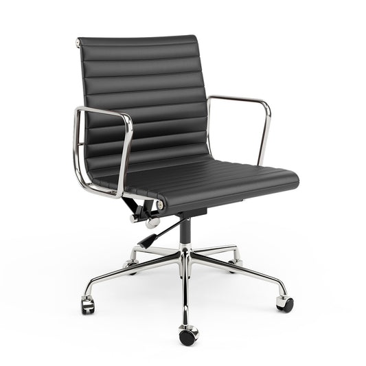 Armrests Ribbed Office Chair Black Genuine Leather Office Chair