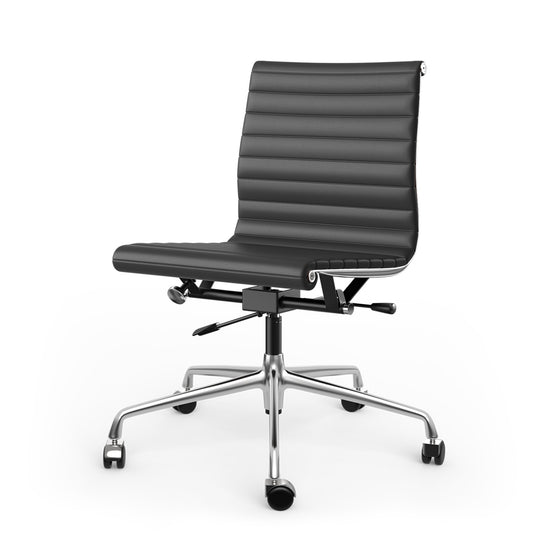 Armless Ribbed Office Desk Chair with Top Grain Leather - Black