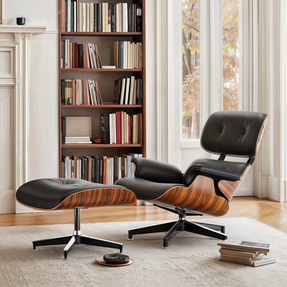 Top PU Leather Lounge Chair with Ottoman - Palisander Wood & Black