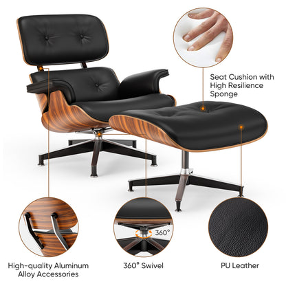 Top PU Leather Lounge Chair with Ottoman - Palisander Wood & Black