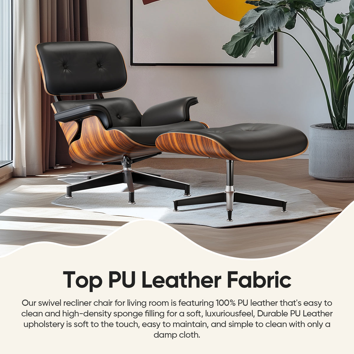 Top PU Leather Lounge Chair with Ottoman - Palisander Wood & Black