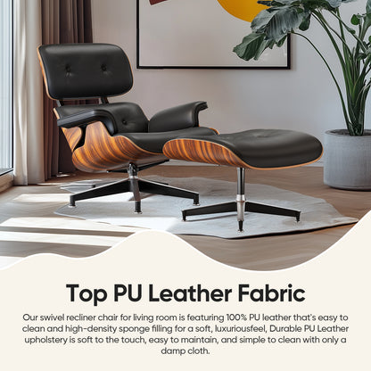 Top PU Leather Lounge Chair with Ottoman - Palisander Wood & Black