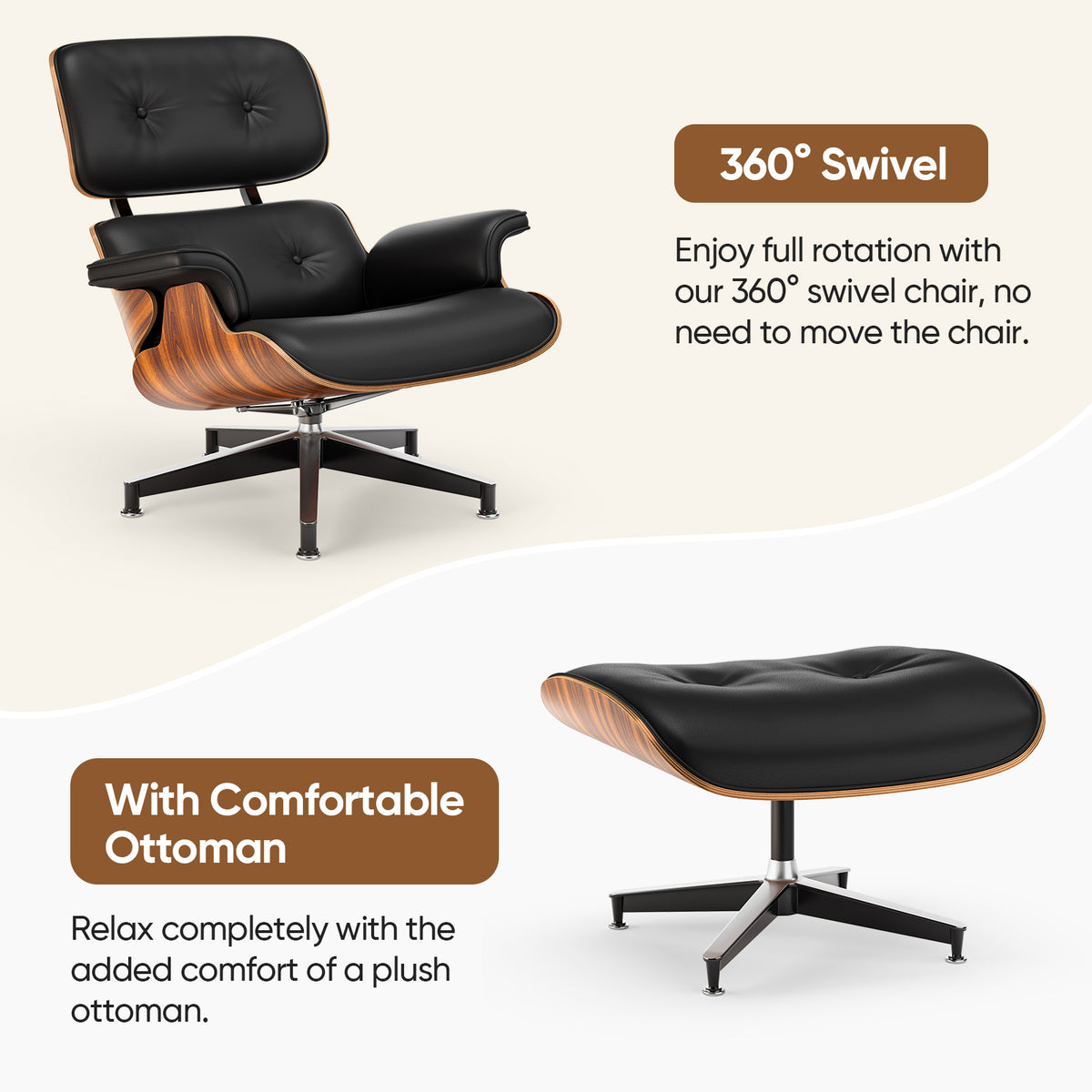 Top PU Leather Lounge Chair with Ottoman - Palisander Wood & Black