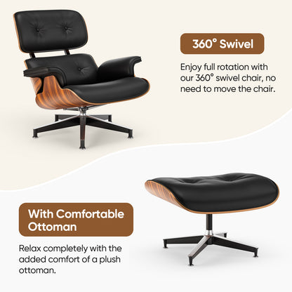 Top PU Leather Lounge Chair with Ottoman - Palisander Wood & Black