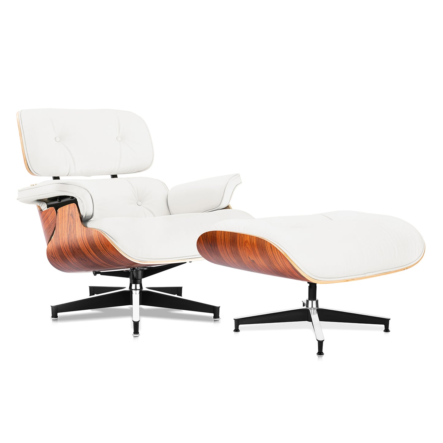 Mid Century Genuine Leather Recliner Lounge Chair with Ottoman - Palisander Wood & White