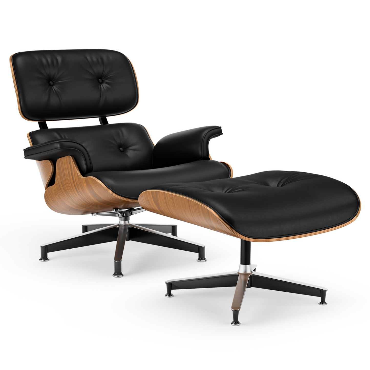 Premium PU Leather Lounge Chair with Ottoman - Black & Walnut Wood