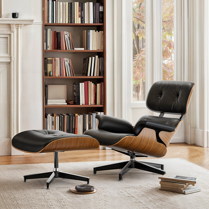 Top PU Leather Lounge Chair with Ottoman - Walnut Wood & Black
