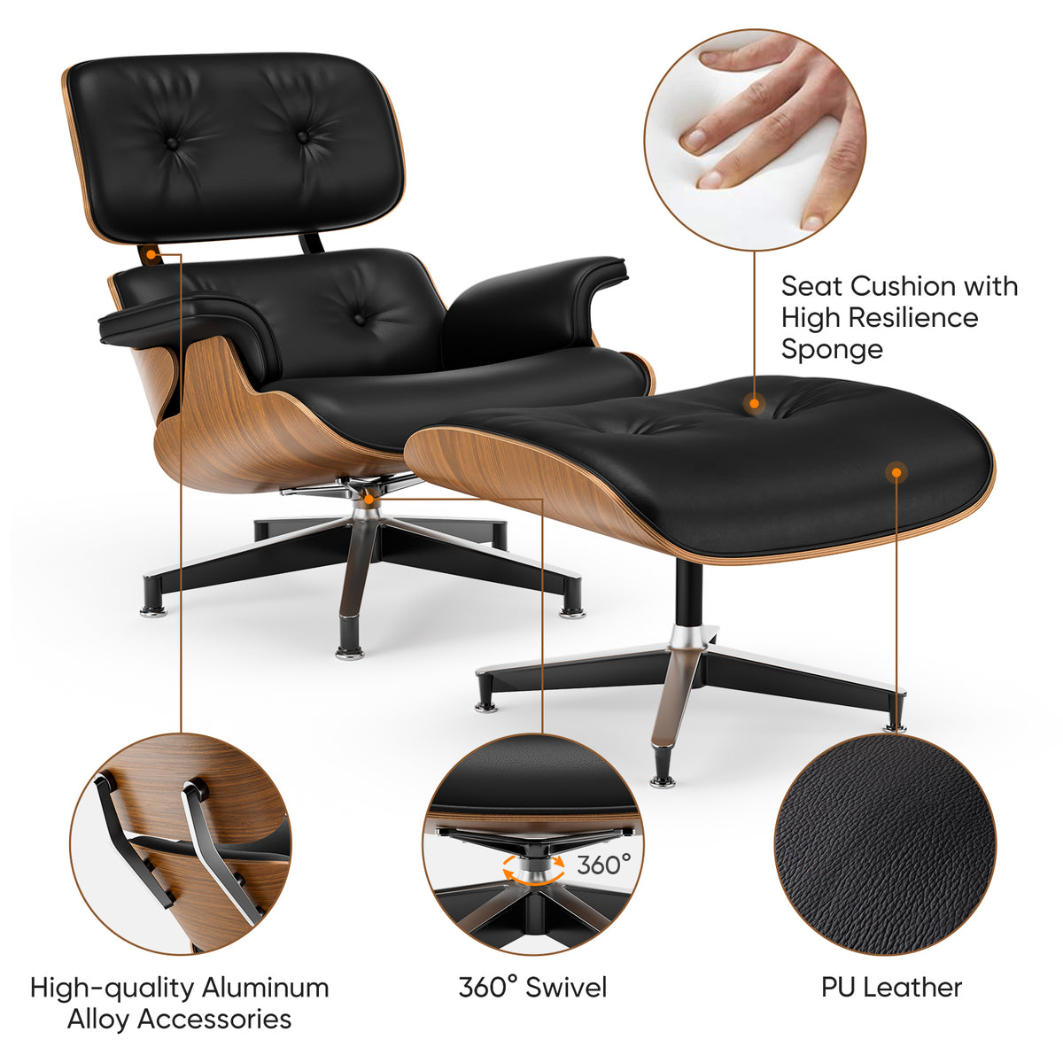 Top PU Leather Lounge Chair with Ottoman - Walnut Wood & Black