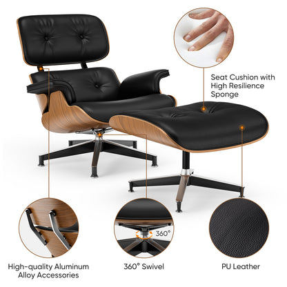 Top PU Leather Lounge Chair with Ottoman - Walnut Wood & Black