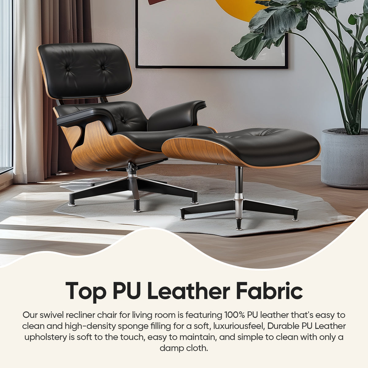 Top PU Leather Lounge Chair with Ottoman - Walnut Wood & Black