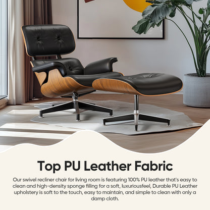 Top PU Leather Lounge Chair with Ottoman - Walnut Wood & Black