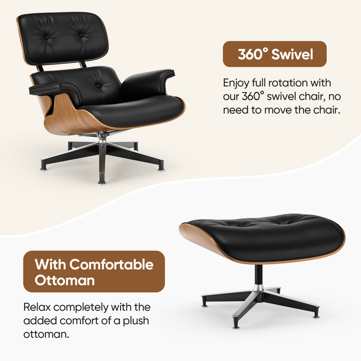 Top PU Leather Lounge Chair with Ottoman - Walnut Wood & Black