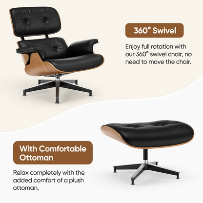 Top PU Leather Lounge Chair with Ottoman - Walnut Wood & Black