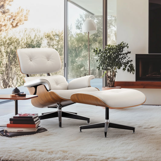 Top PU Leather Lounge Chair with Ottoman - Walnut Wood & White