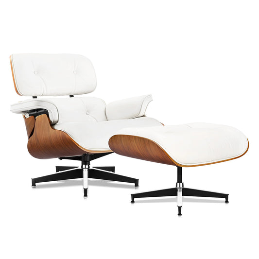 Mid Century Genuine Leather Recliner Lounge Chair with Ottoman - Walnut Wood & White