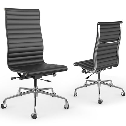 Armless Ribbed Office Desk Chair with Top Grain Leather - Black