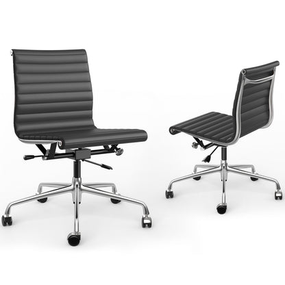 Armless Ribbed Office Desk Chair with Top Grain Leather - Black