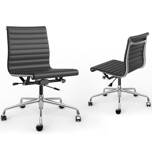 Armless Ribbed Office Desk Chair with Top Grain Leather - Black