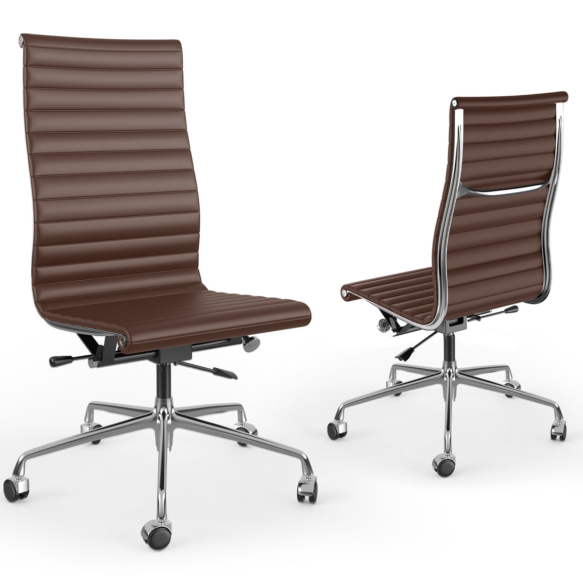 Armless Ribbed Office Desk Chair with Top Grain Leather - Brown