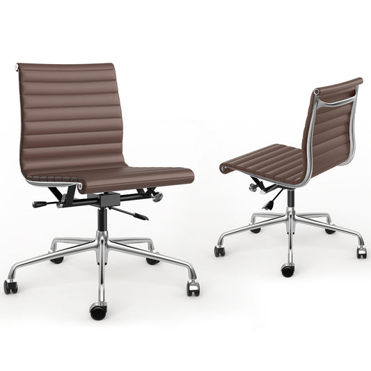 Armless Ribbed Office Desk Chair with Top Grain Leather - Brown