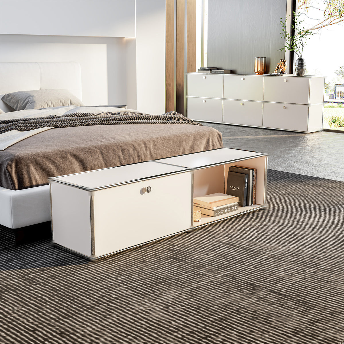 SAINCH white modular storage cabinet in a modern bedroom with low-profile storage and open shelving